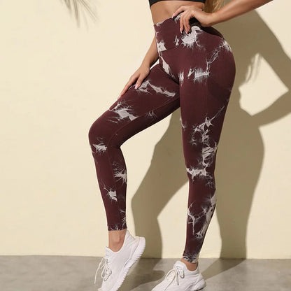 Women Marbling Color Tie-Dye Yoga Pants Sports Leggings